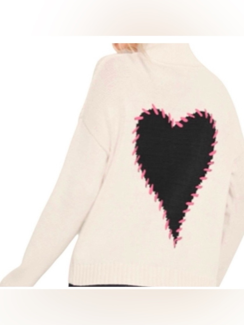 Lisa Todd Cream Sweater with Black Heart and Pink Stitching